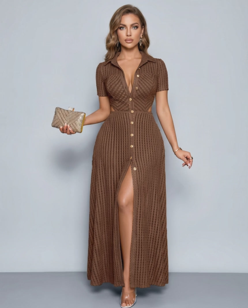 Elara Maxi Dress by Lauven — textured knit short sleeve V-neck button front maxi dress