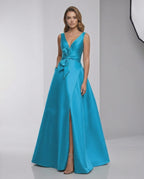 Monaco Maxi Dress – elegant blue satin evening dress with A-line silhouette and deep V-neck for formal occasions.