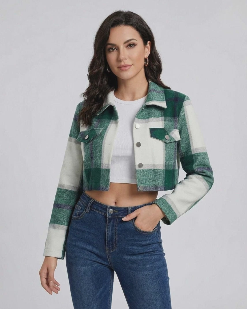 Aspen Jacket by Lauven – Women’s green plaid cropped jacket with relaxed fit, perfect for layering in transitional seasons.