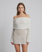 Elara Mini Dress by Lauven — textured knit long bell sleeve off-shoulder fitted mini dress