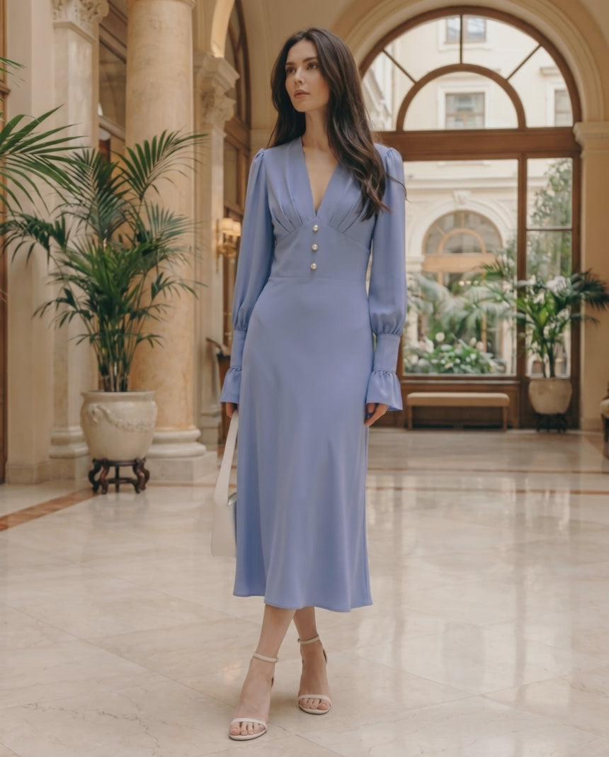 Selene Midi Dress in elegant blue with V-neck, lantern sleeves, and structured bodice by Lauven.