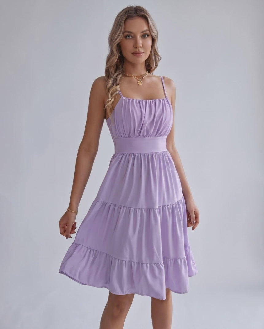 Lunara Midi Dress by Lauven — chiffon sleeveless square neck A-line midi dress