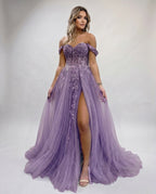 Celestia Maxi Dress by Lauven — tulle lace off-shoulder sweetheart A-line maxi dress