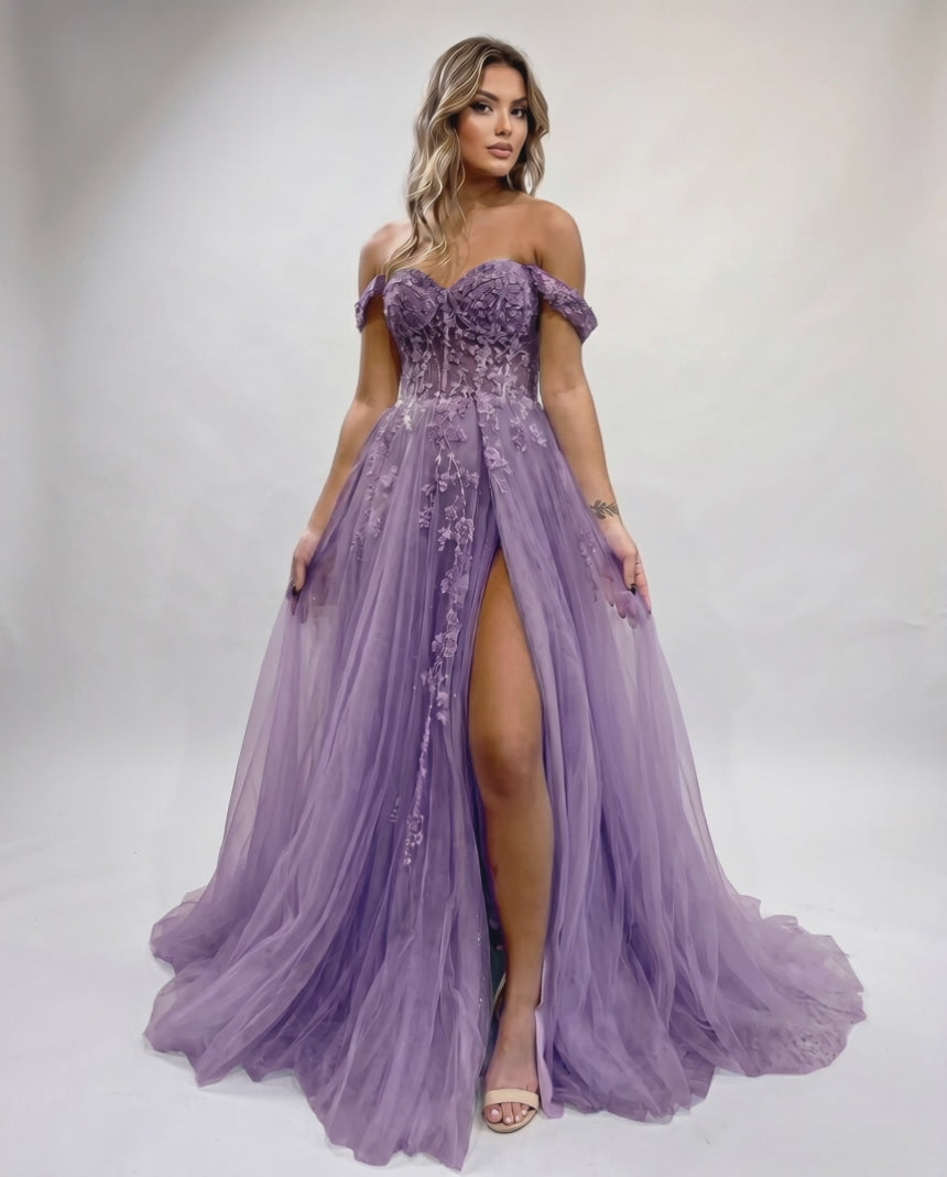 Celestia Maxi Dress by Lauven — tulle lace off-shoulder sweetheart A-line maxi dress