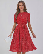 Veloura Midi Dress by Lauven — polka dot short sleeve o-neck A-line midi dress