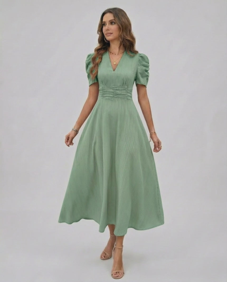 Verdant Midi Dress in sage green, featuring a V-neckline, puff sleeves, and ruched waist by Lauven for elegant occasions.