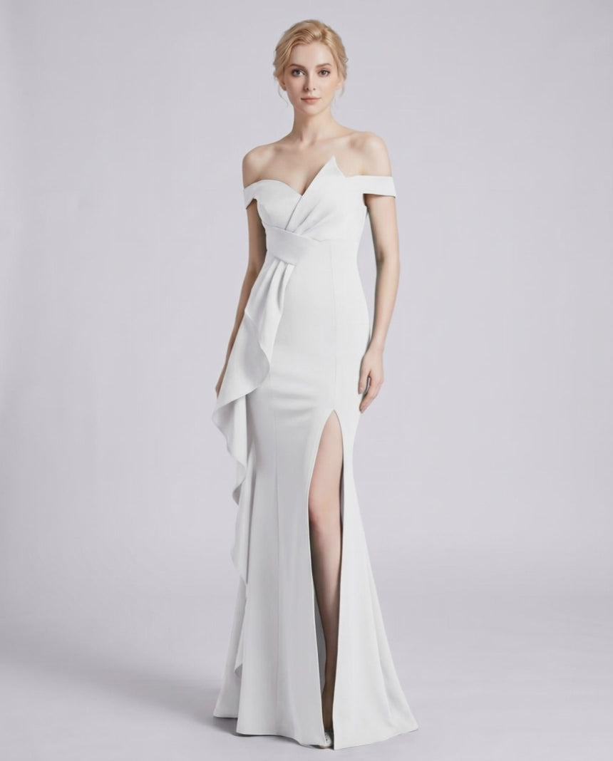 Veloura Maxi Dress by Lauven — polyester spandex off-the-shoulder mermaid maxi dress with slit