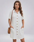 Mariel Mini Dress by Lauven — cotton blend short sleeve turn-down collar straight mini dress