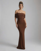 Celeste Maxi Dress by Lauven - Elegant brown strapless sheath dress showcasing a sleek silhouette, perfect for evening events.