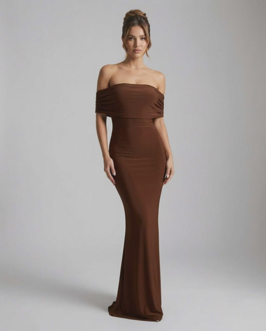 Celeste Maxi Dress by Lauven - Elegant brown strapless sheath dress showcasing a sleek silhouette, perfect for evening events.