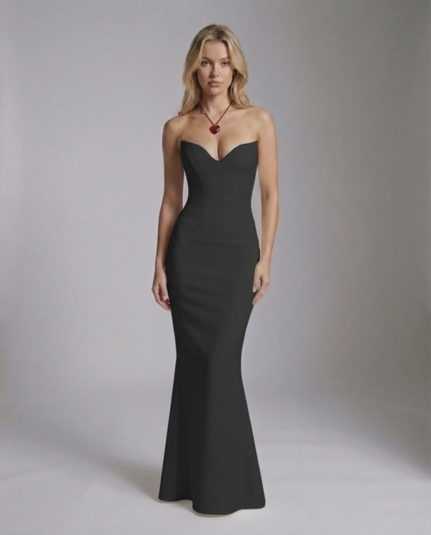 Celeste Maxi Dress by Lauven, elegant black strapless gown with a flattering fit for a modern look.
