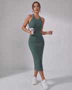 Lunara Midi Dress by Lauven — ribbed knit sleeveless crew neck slim-fit midi dress