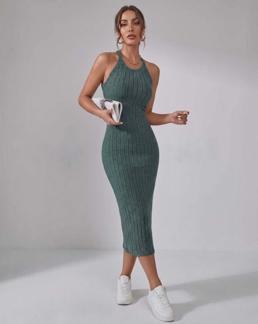 Lunara Midi Dress by Lauven — ribbed knit sleeveless crew neck slim-fit midi dress