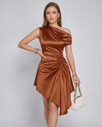 Serelle Mini Dress by Lauven — satin one shoulder asymmetric ruched mini dress
