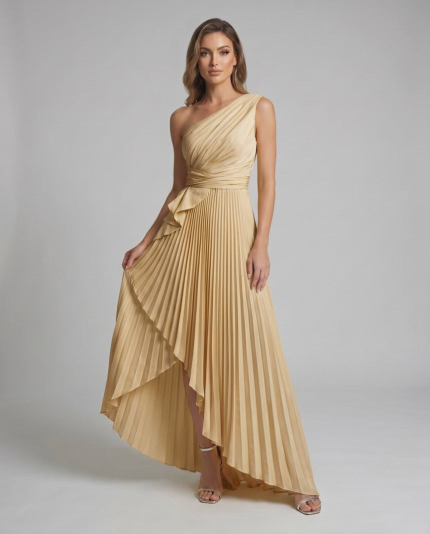Aureline Maxi Dress by Lauven — pleated satin one shoulder A-line maxi dress with ruffle slit