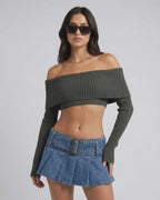 Verona Top by Lauven - Women's off shoulder long sleeve crop top in olive green for autumn winter styling.