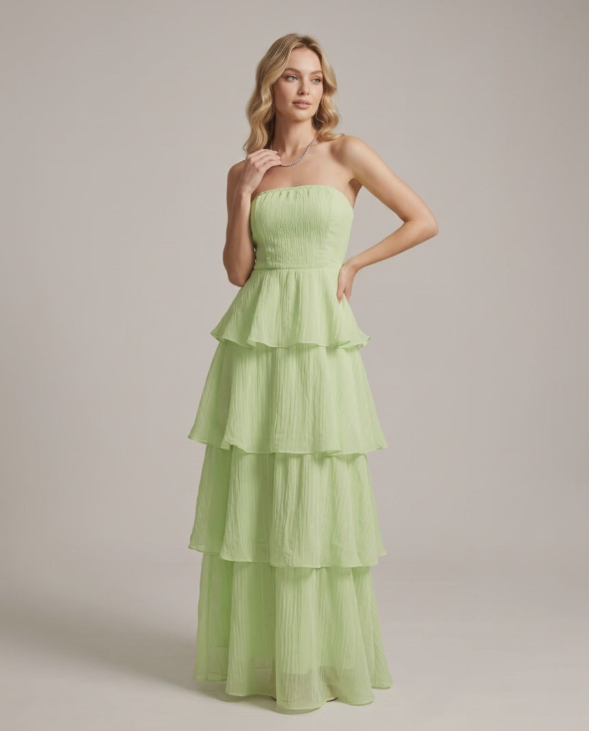 Serelune Maxi Dress by Lauven — chiffon strapless tiered A-line maxi dress