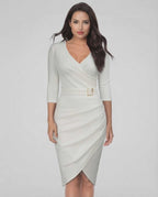 Serena Midi Dress by Lauven in Classic Ivory with V-neckline and elegant belt detail.