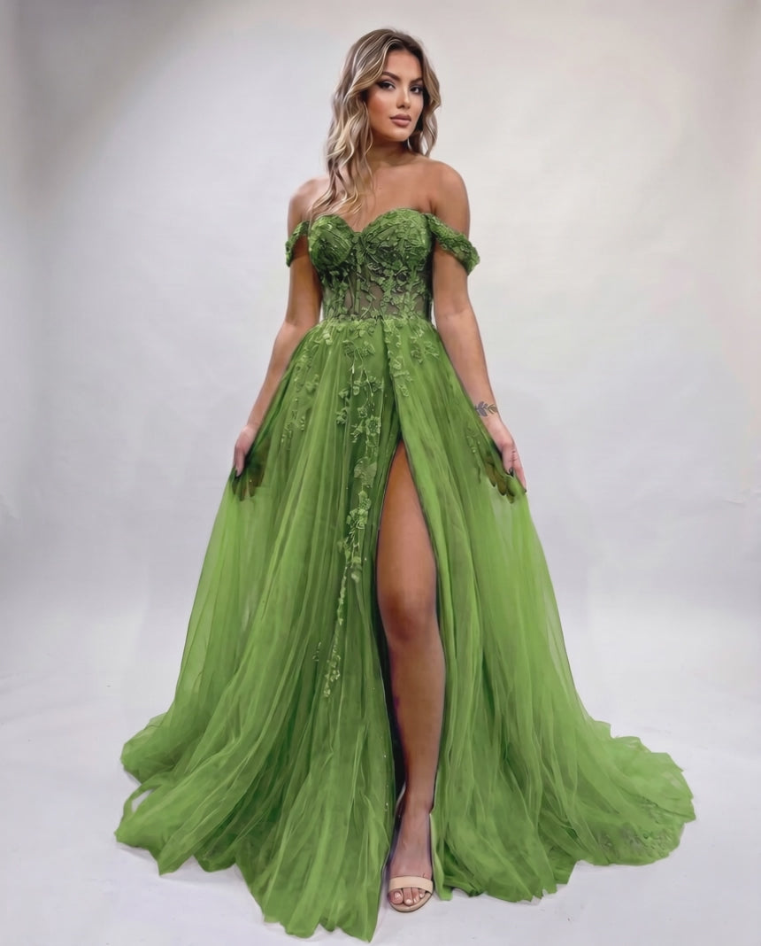 Celestia Maxi Dress by Lauven — tulle lace off-shoulder sweetheart A-line maxi dress