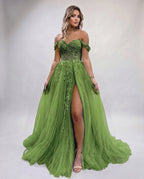 Celestia Maxi Dress by Lauven — tulle lace off-shoulder sweetheart A-line maxi dress