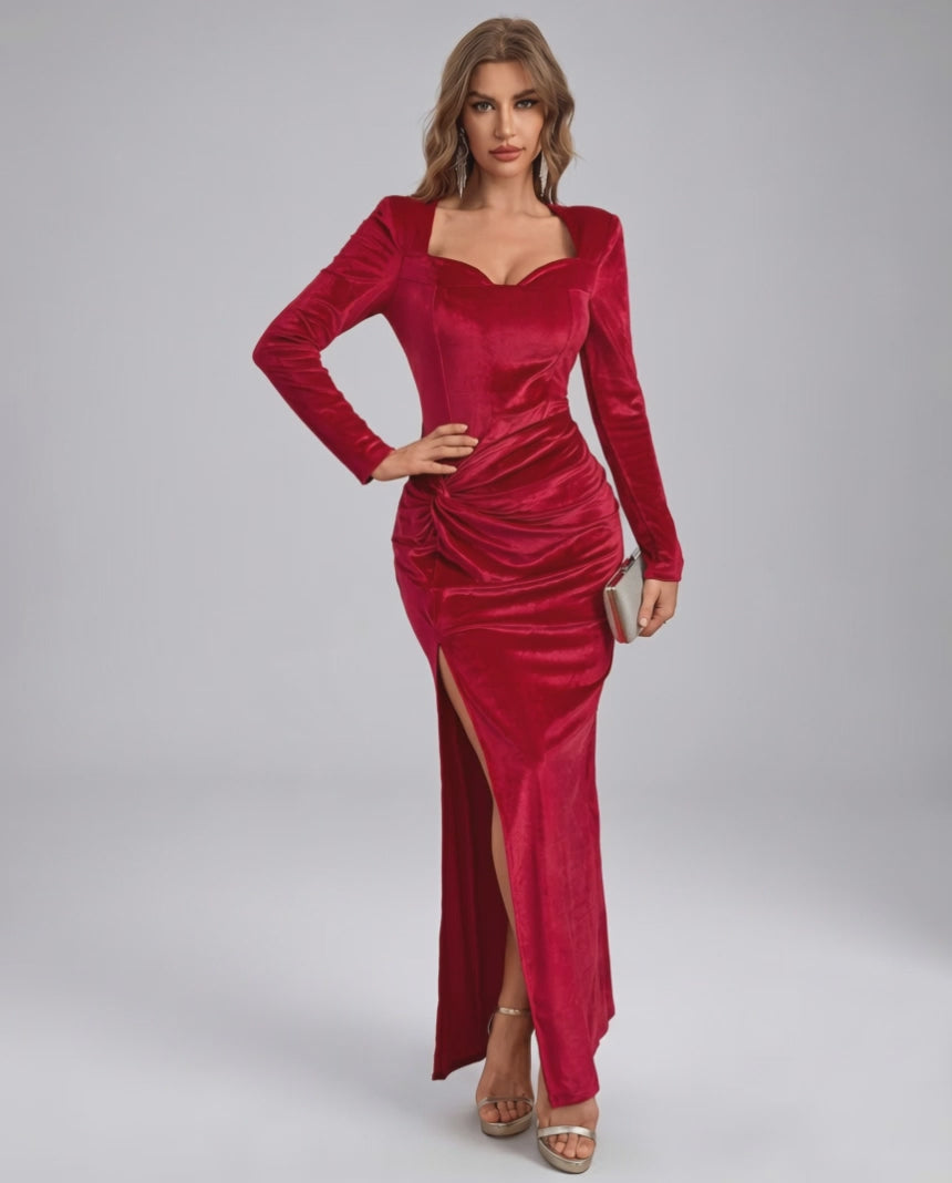 Veloura Maxi Dress in red velvet with square neck, long sleeves, and high waist, by Lauven, for formal occasions.