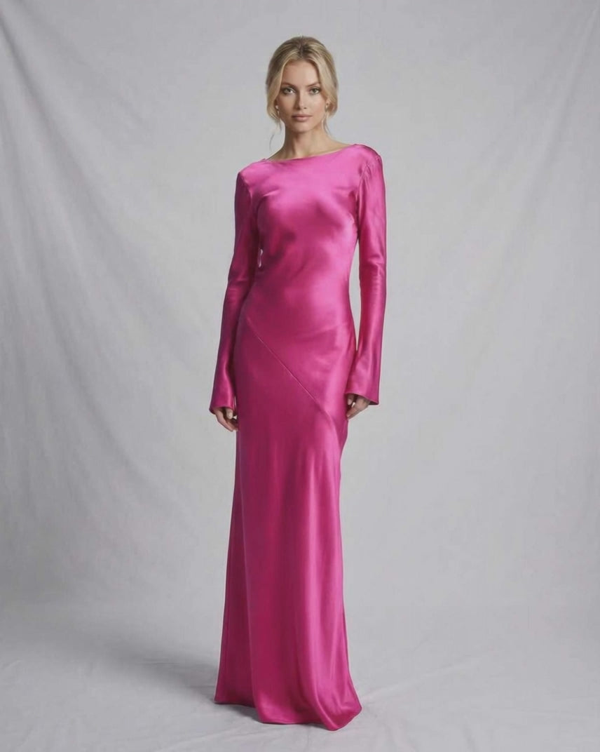 Luna Maxi Dress in vibrant pink satin, featuring a slim fit and modern elegance by Lauven.