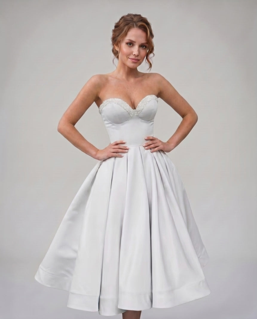 Veloura Midi Dress by Lauven — satin strapless sweetheart A-line midi dress