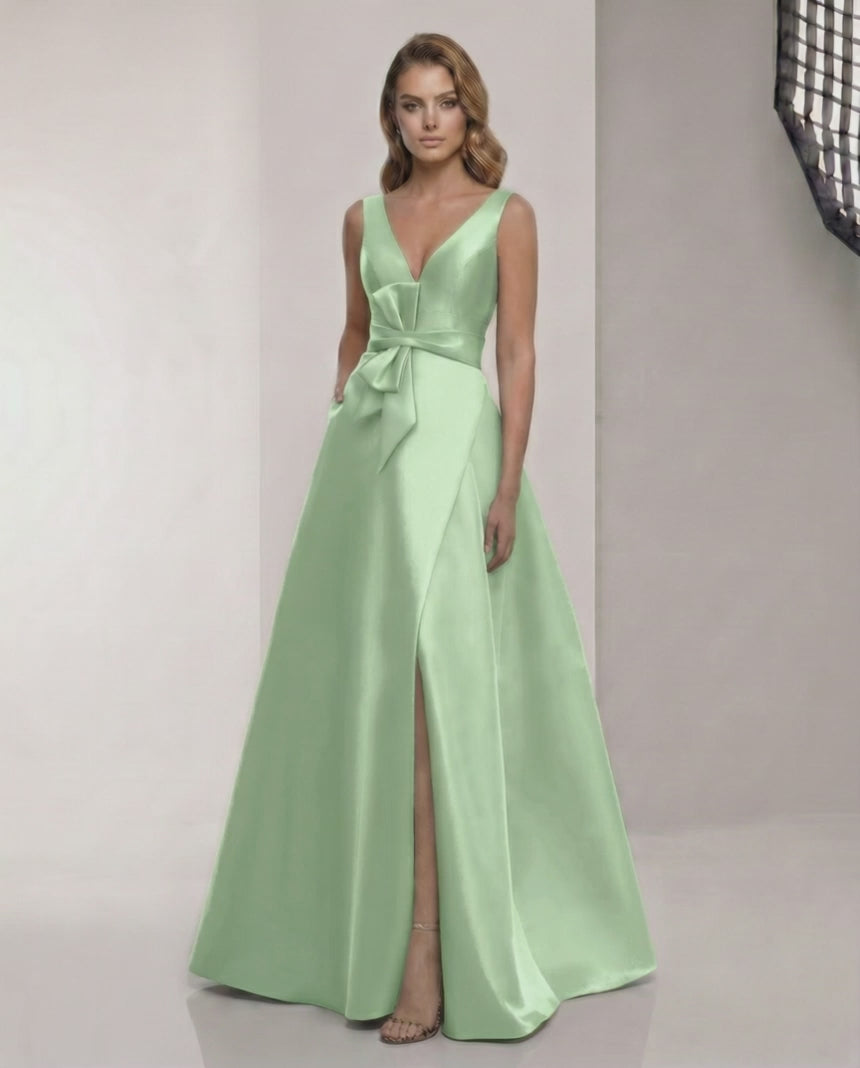 Elysia Maxi Dress – Satin A-Line Green Maxi Dress with V-Neck elegance from Lauven, perfect for formal occasions.