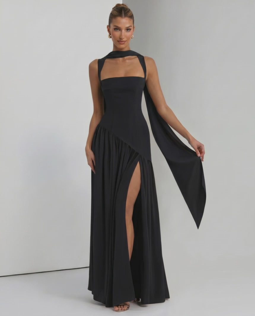 Seralune Maxi Dress by Lauven — stretch crepe sleeveless square neck fitted maxi dress