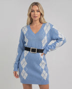 Arden Mini Dress in blue acrylic knit, V-neck, cozy texture, featuring argyle pattern, by Lauven.