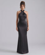 Zerelle Maxi Dress in black, halter neckline, smooth polyester, elegant fit, by Lauven, perfect for formal occasions.