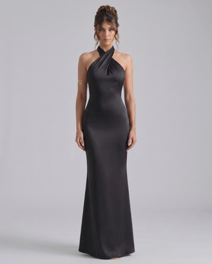 Zerelle Maxi Dress in black, halter neckline, smooth polyester, elegant fit, by Lauven, perfect for formal occasions.
