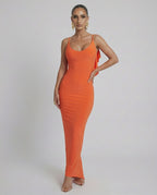 Lauven Orion Maxi Dress in sleek orange, sleeveless silhouette featuring stretch-enhanced fit.