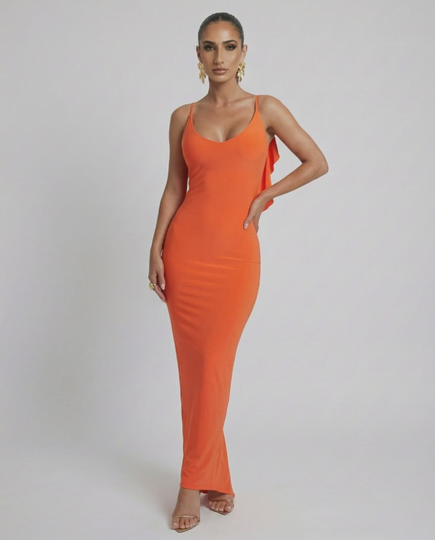 Lauven Orion Maxi Dress in sleek orange, sleeveless silhouette featuring stretch-enhanced fit.