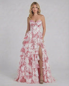 Rose Maxi Dress by Lauven - Pink floral tiered chiffon prom dress with strapless corset bodice.