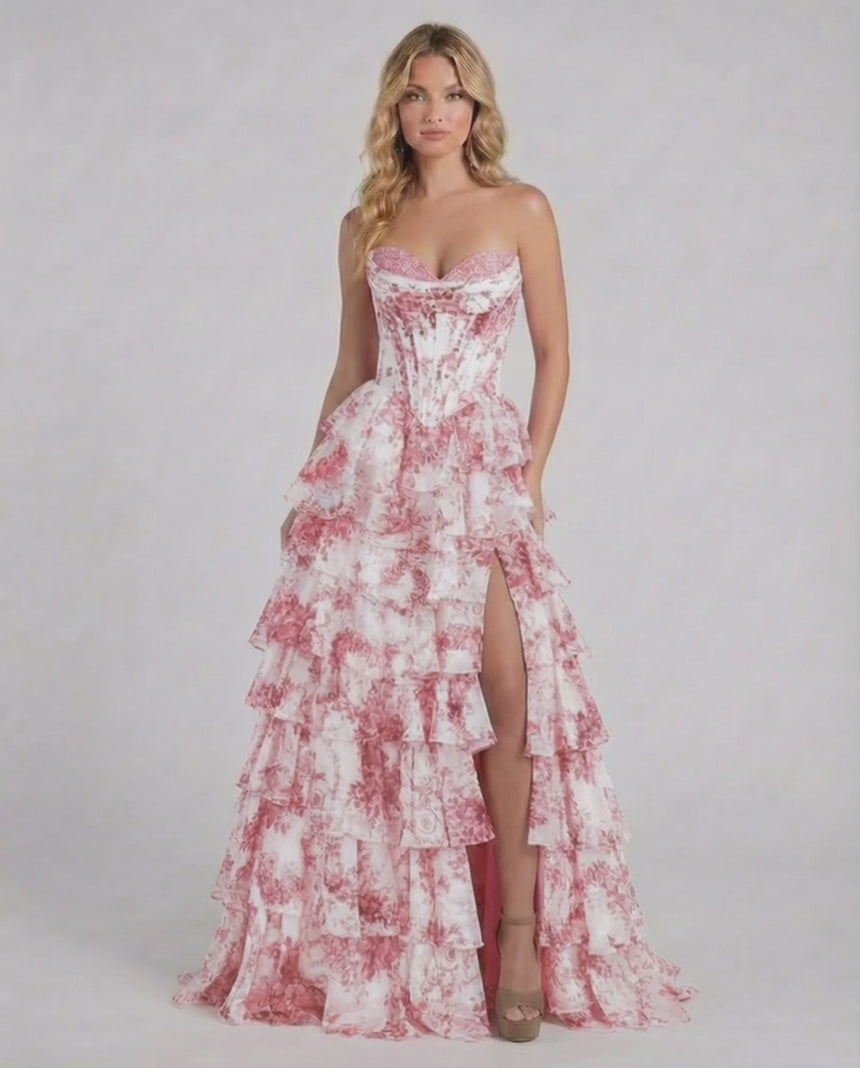 Rose Maxi Dress by Lauven - Pink floral tiered chiffon prom dress with strapless corset bodice.