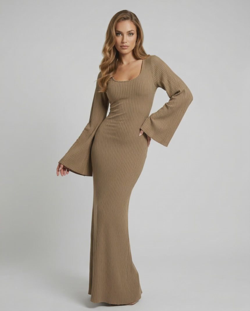 Sienna Maxi Dress in ribbed knit, long sleeve, elegant silhouette by Lauven, perfect blend of softness and style.