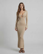 Aurora Maxi Dress — Sleek gold sheath silhouette with deep V-neck and unique metal ring accent by Lauven.