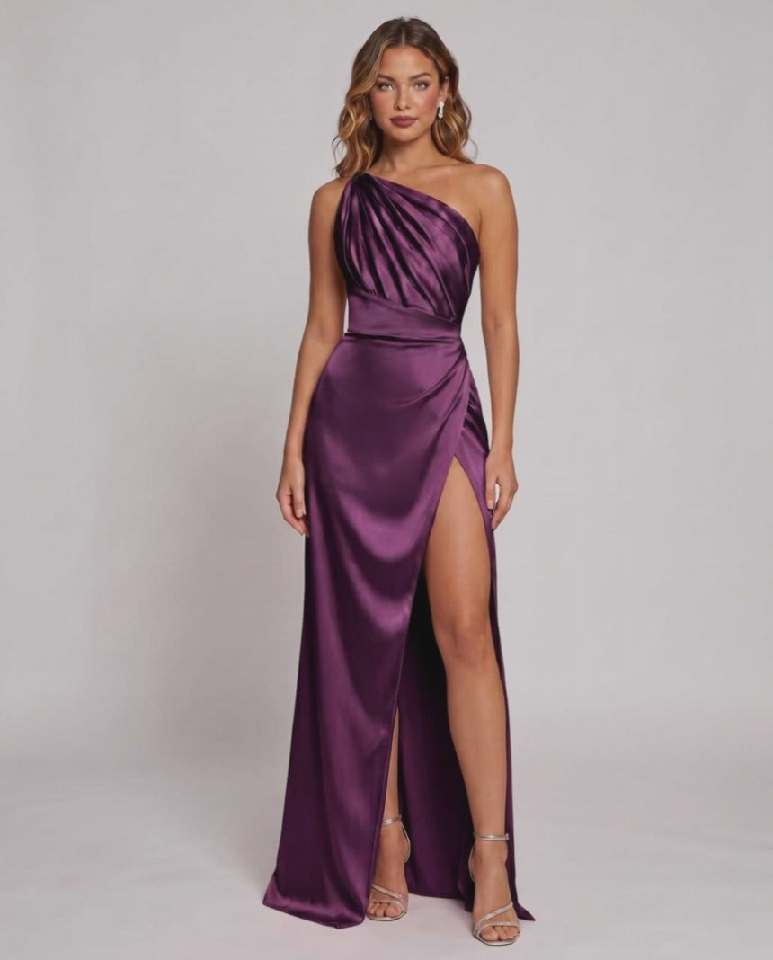 Veloura Maxi Dress by Lauven — satin one-shoulder mermaid maxi dress with slit