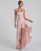 Veloura Maxi Dress by Lauven — satin spaghetti strap cowl neck bodycon maxi dress
