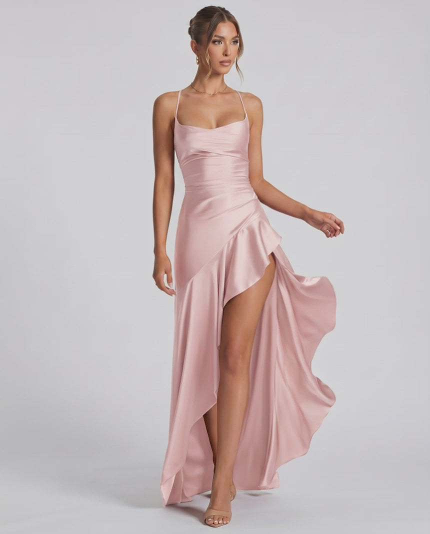 Veloura Maxi Dress by Lauven — satin spaghetti strap cowl neck bodycon maxi dress