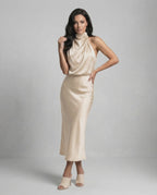 Elara Midi Dress – Satin halter neck champagne dress by Lauven, exuding elegance and sophistication for evenings.