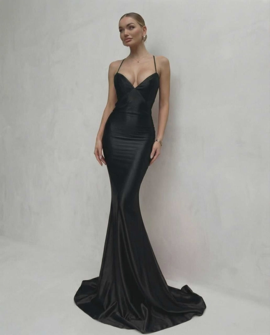 Monaco Maxi Dress featuring sleek black satin, lace-up back, V-neck silhouette, and crafted by Lauven for a stunning look.