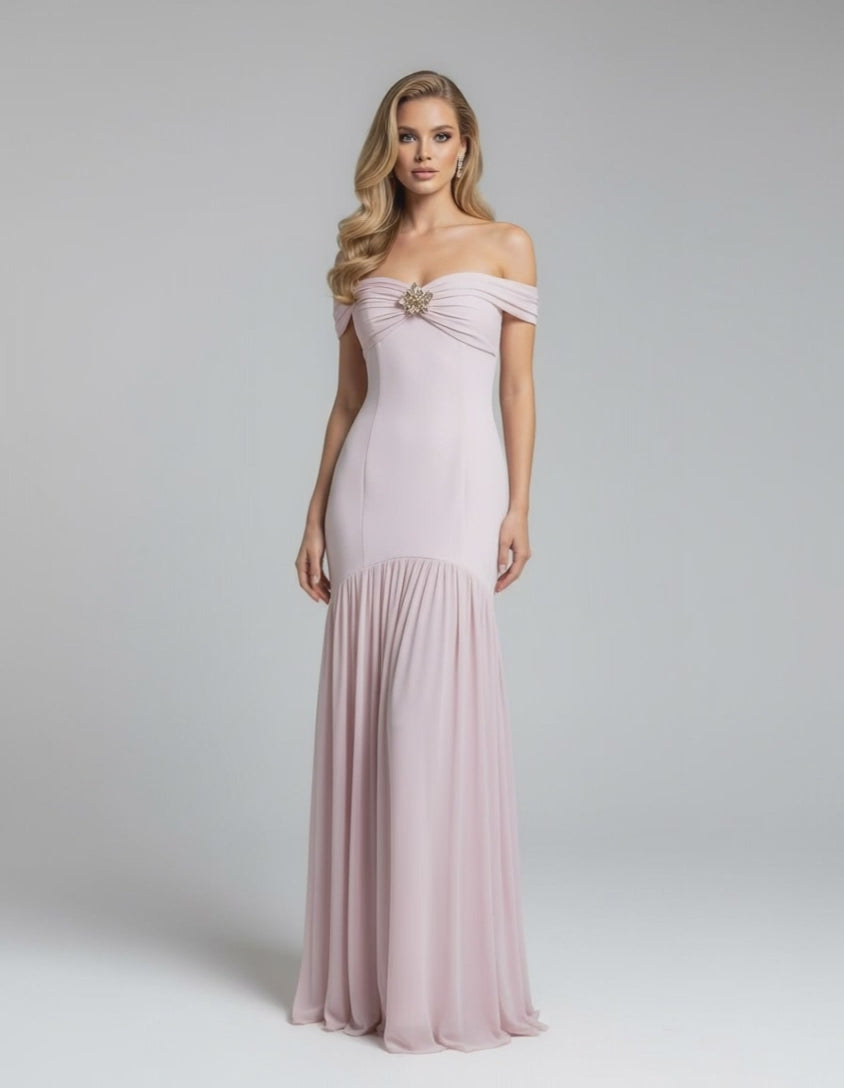 Celeste Maxi Dress by Lauven, elegant off-shoulder evening gown in soft pink with metallic embellishment.