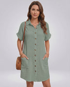Mariel Mini Dress by Lauven — cotton blend short sleeve turn-down collar straight mini dress