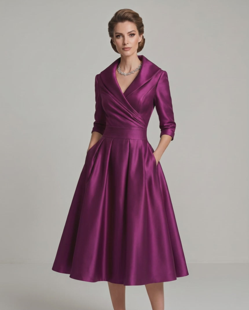 Veloura Midi Dress by Lauven — satin blend long sleeve V-neck A-line midi dress
