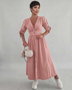 Eloria Midi Dress by Lauven — lightweight mid sleeve V-neck button front fit and flare midi dress
