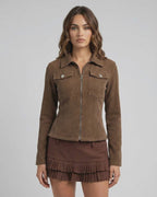 Florence Jacket by Lauven – Women’s brown corduroy jacket with zip and tailored fit.