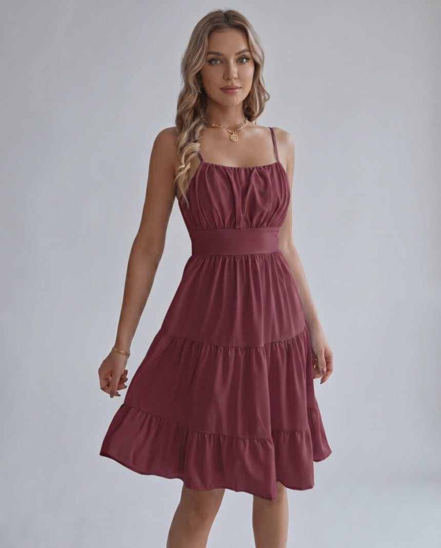 Lunara Midi Dress by Lauven — chiffon sleeveless square neck A-line midi dress