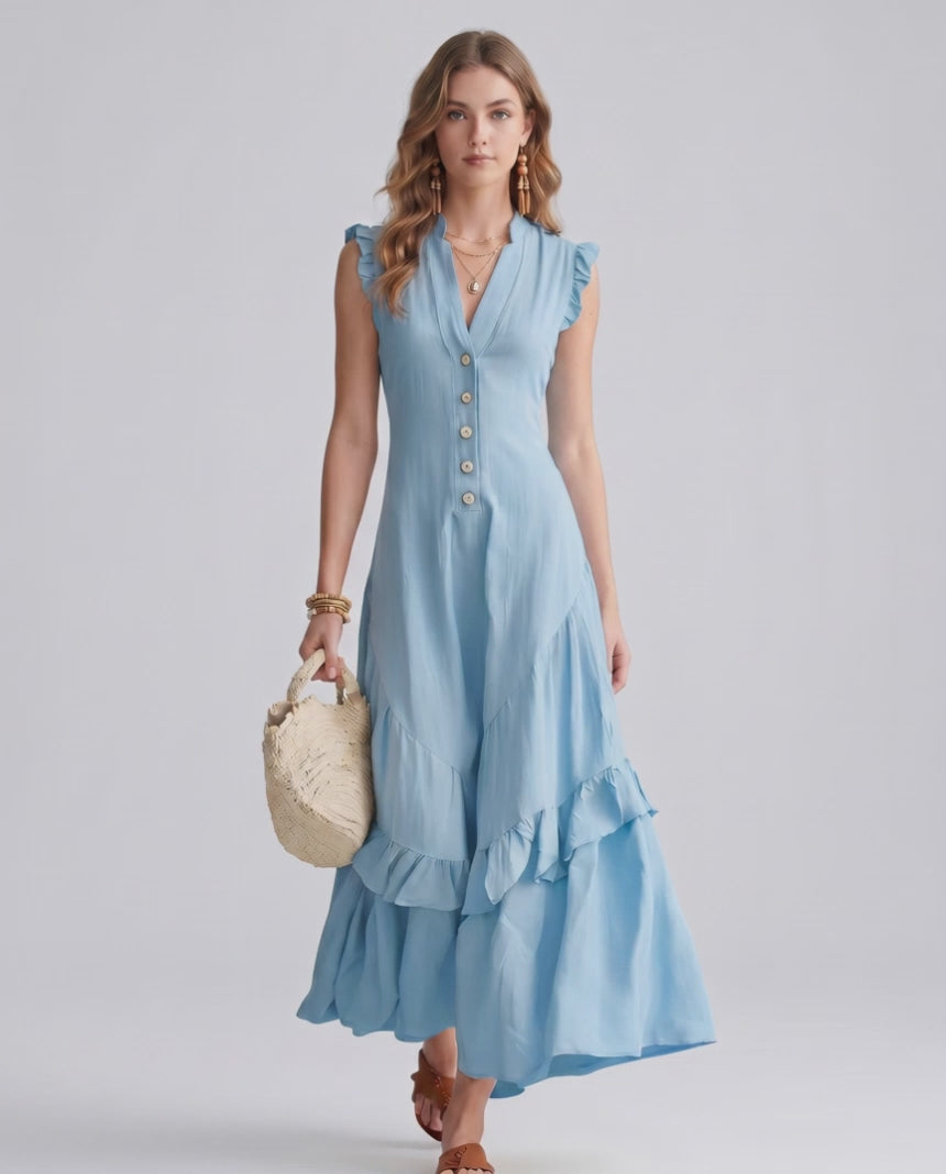 Seralyn Maxi Dress by Lauven — chiffon blend sleeveless V-neck A-line maxi dress